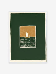 Minimalist sailboat art print with white boat on dark green sea and tan sky, illustrative style nautical wall decor