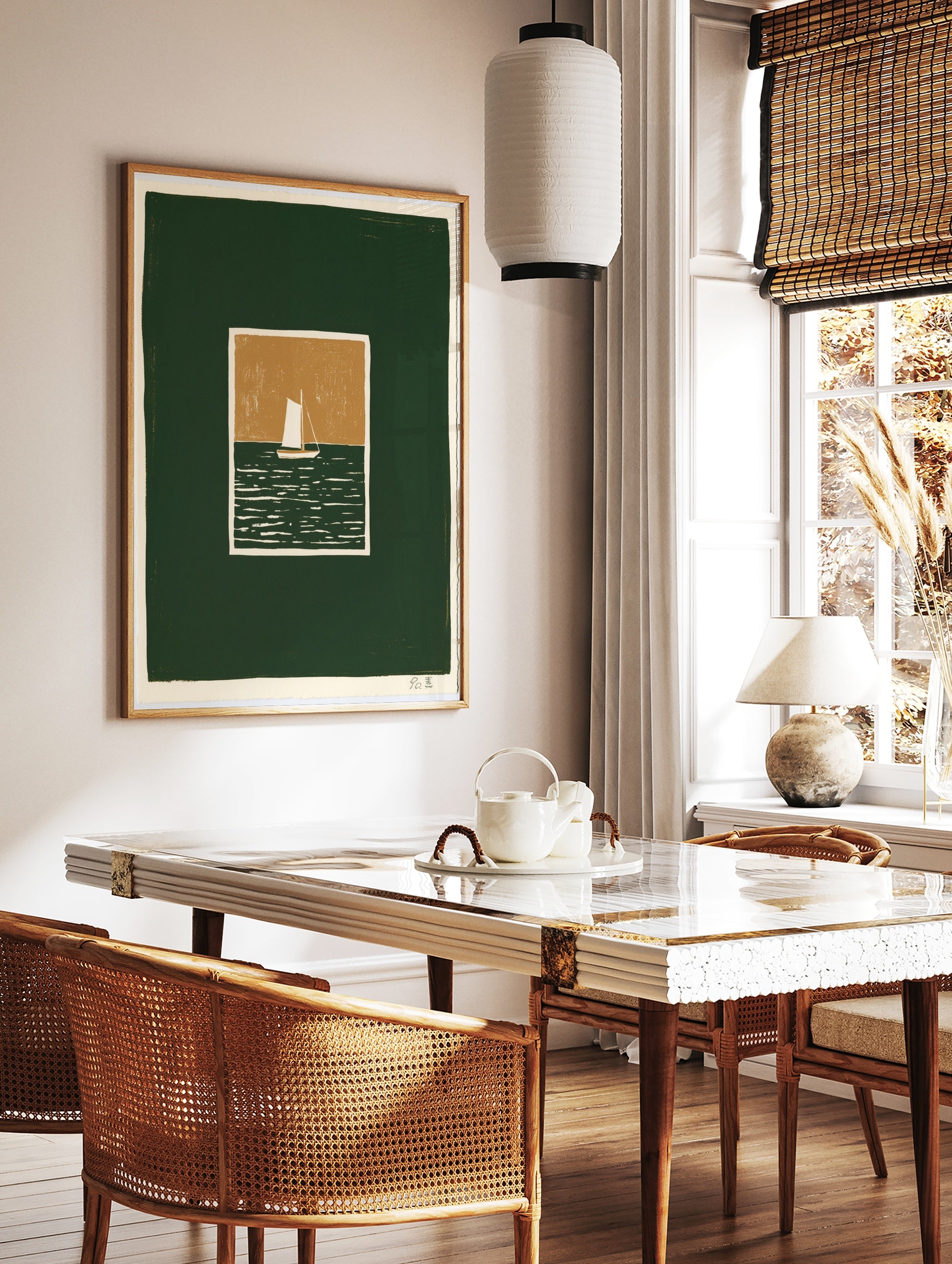 Minimalist sailboat art print with white boat on dark green sea and tan sky, illustrative style, in a styled room mockup