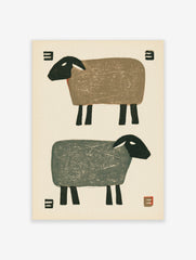 Minimalist sheep illustration with two stylized sheep in brown and grey against an off-white background