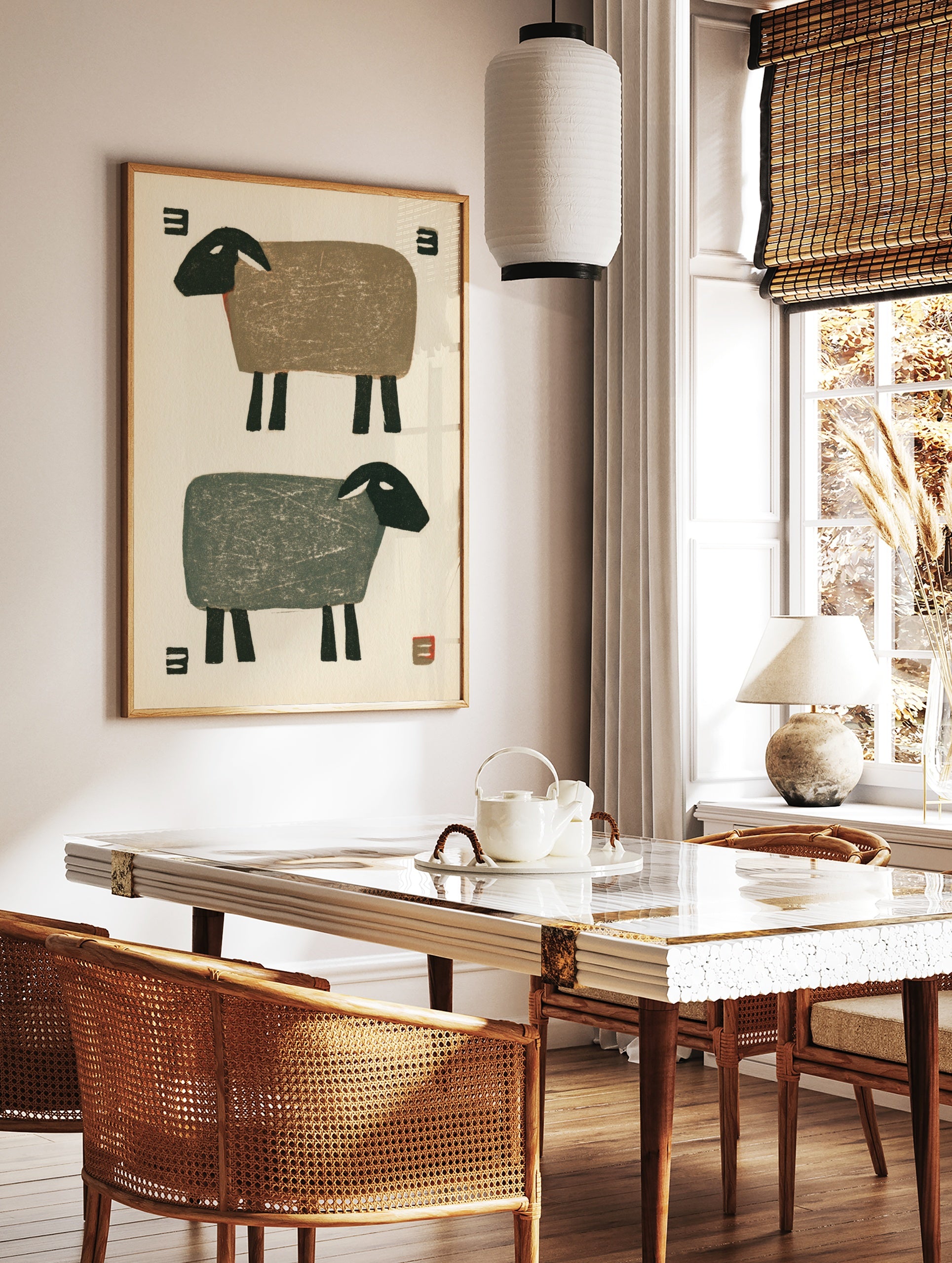 Minimalist sheep illustration with two stylized sheep in brown and grey against an off-white, in a styled room mockup