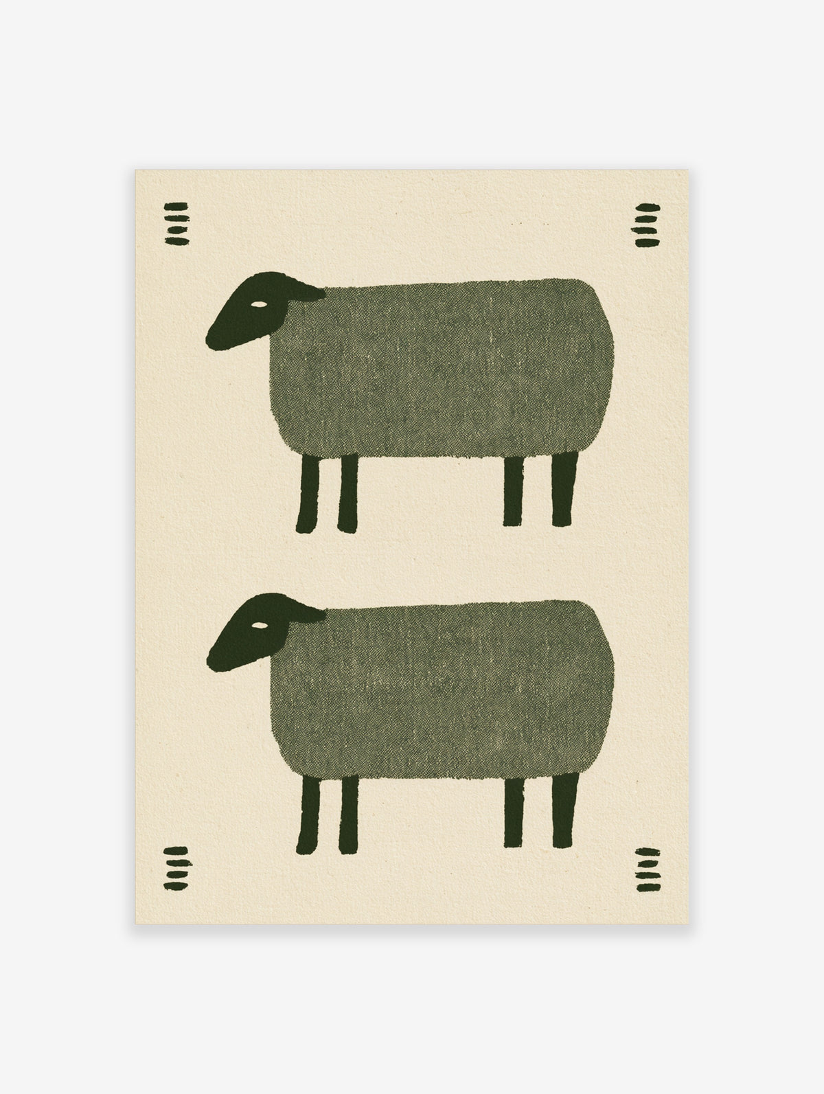 Minimalist folk art print featuring two stacked green sheep illustrations with small decorative dash patterns on cream