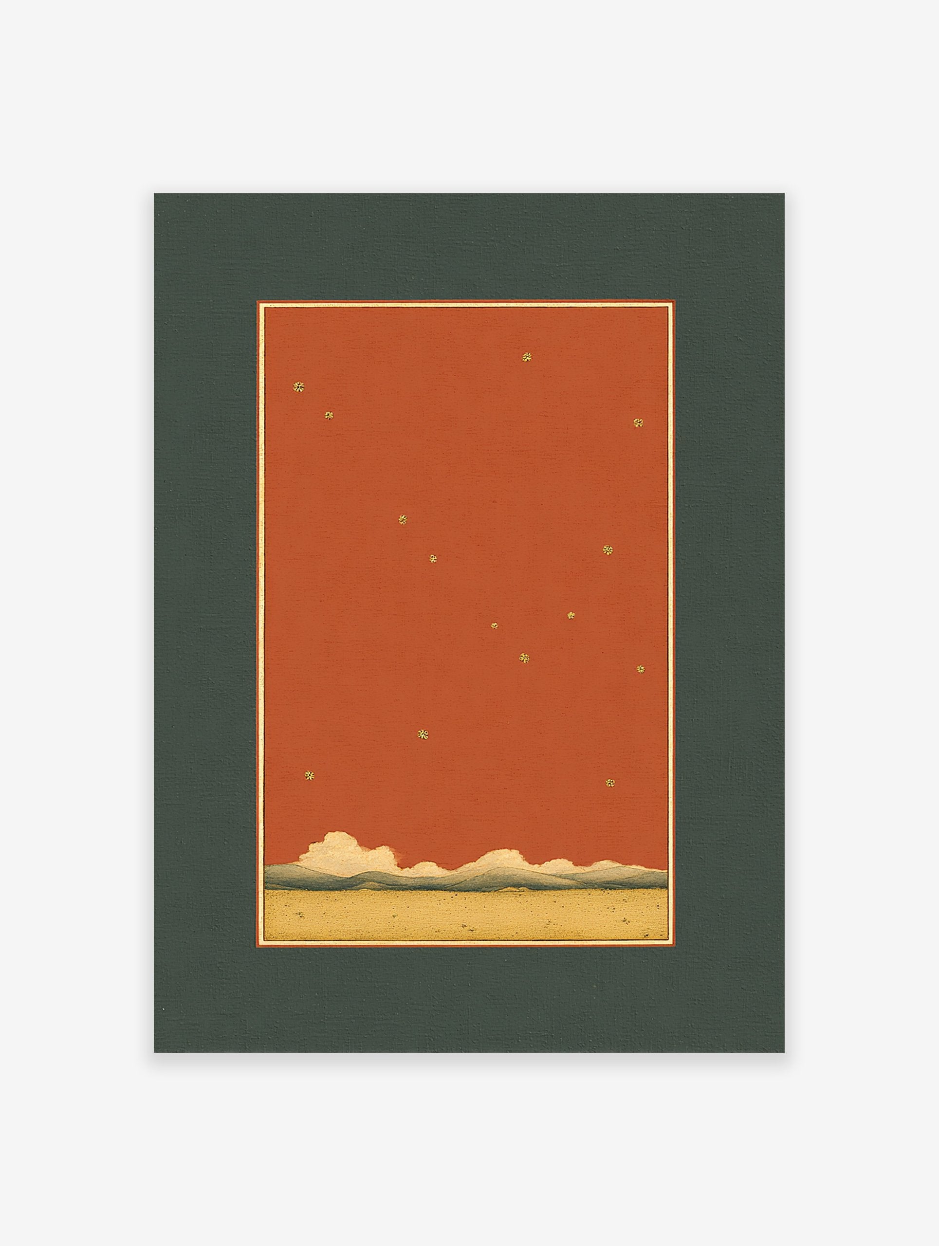 Minimalist starry sky wall art print with golden stars, terracotta sky, rolling hills, and a sandy landscape in a dark green mat.