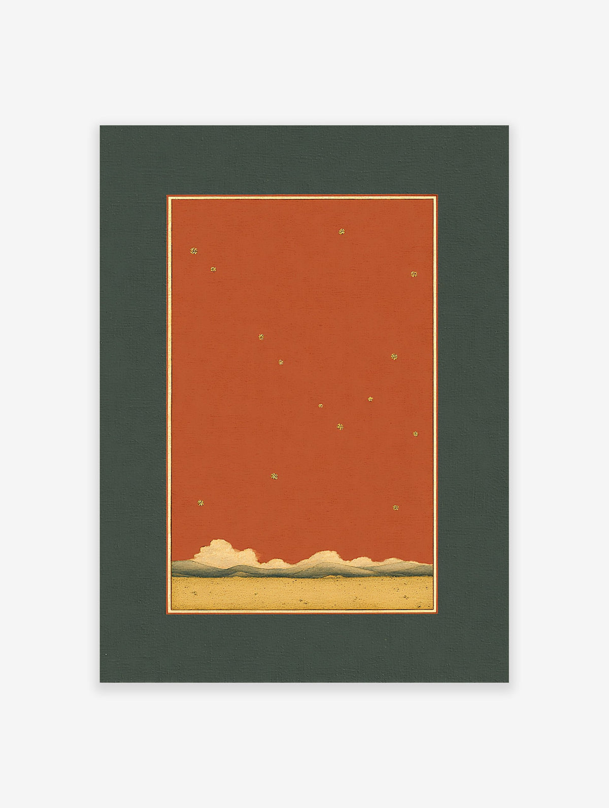 Minimalist starry sky wall art print with golden stars, terracotta sky, rolling hills, and a sandy landscape in a dark green mat.