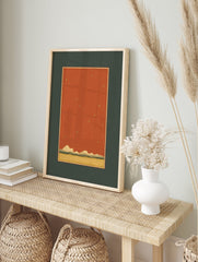 Minimalist starry sky wall art print with golden stars, terracotta sky, rolling hills, and a sandy landscape in a dark green mat. - Image 3