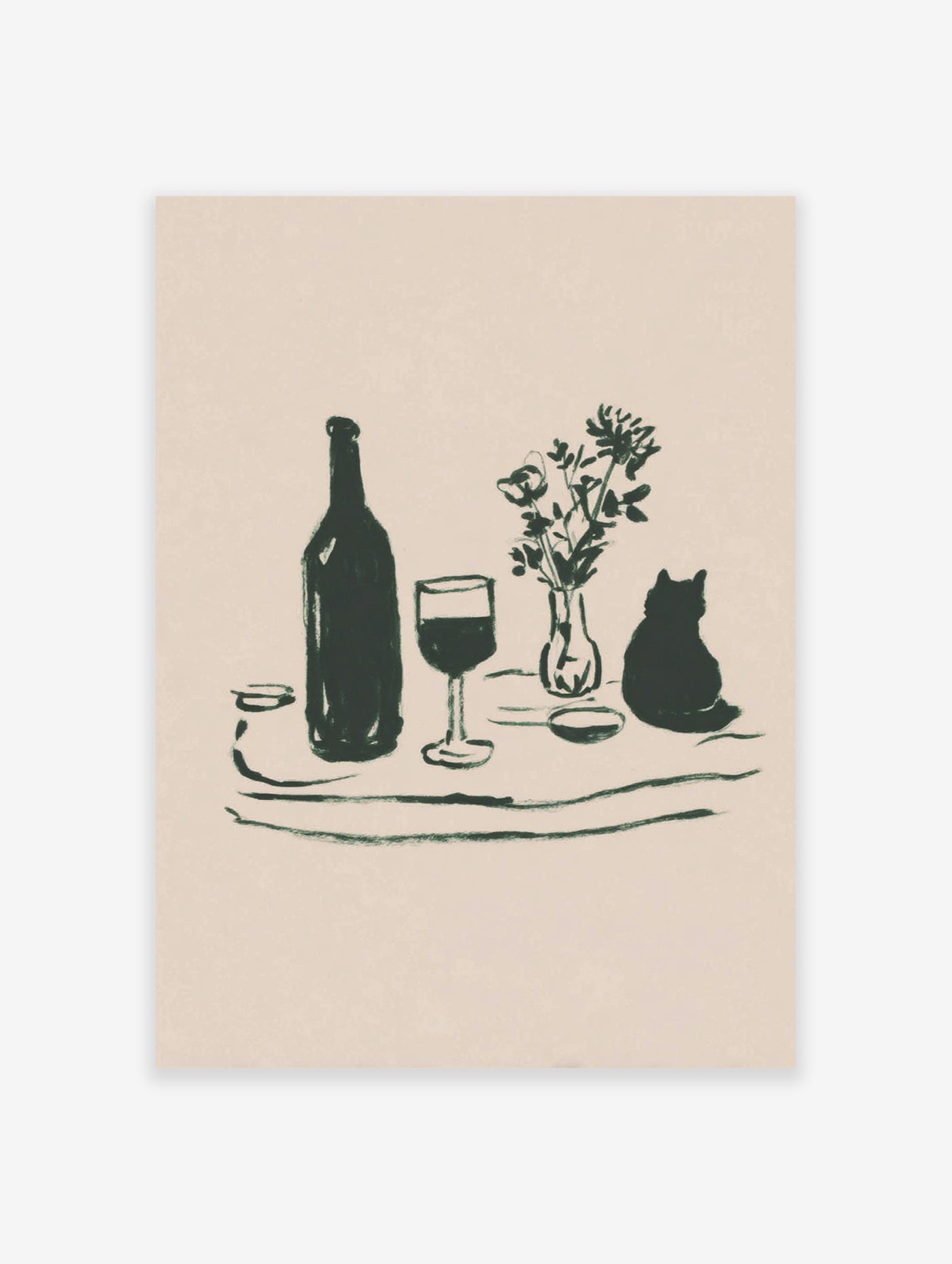Minimalist still life wall art featuring a dark green illustration of a bottle, wine glass, flowers in a vase, and a cat silhouette.