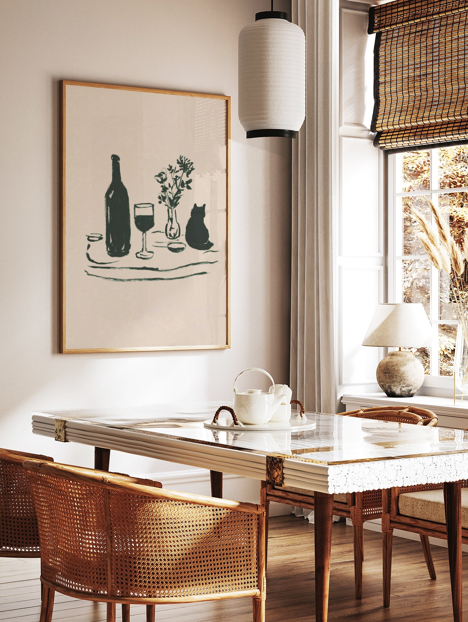 Minimalist still life wall art featuring a dark green illustration of a bottle, wine glass, flowers in a vase, and a cat silhouette. - Image 2