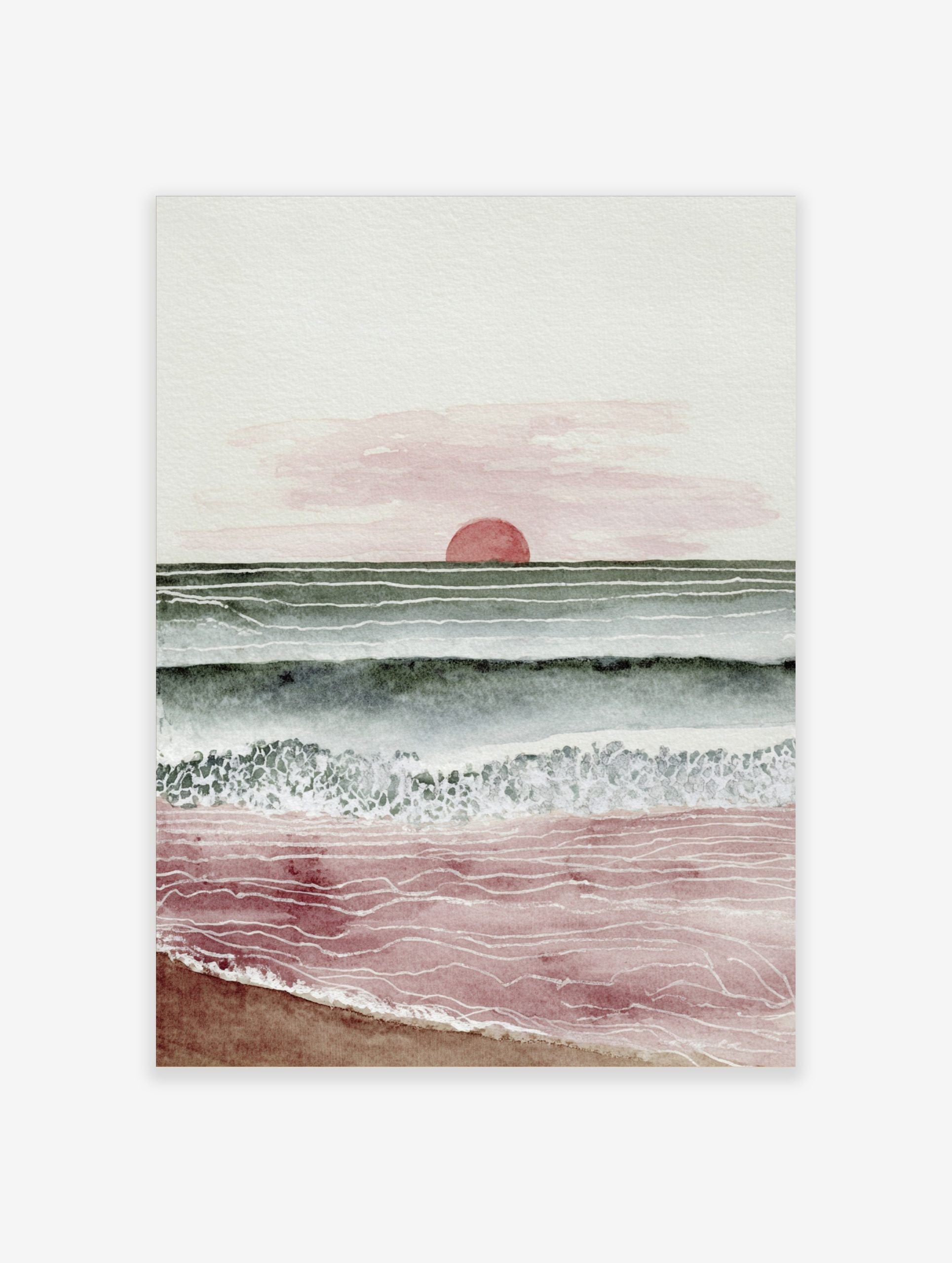 Minimalist watercolour art print of a sunset over the ocean with red sun, green-blue waves, and pink-red beach