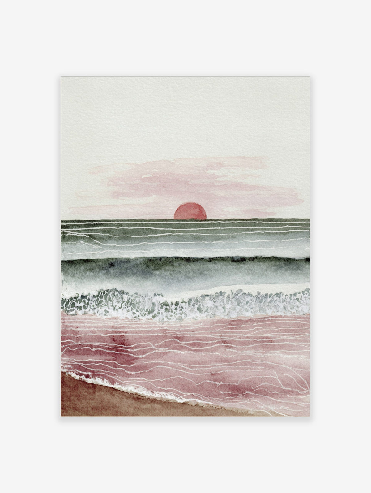 Minimalist watercolour art print of a sunset over the ocean with red sun, green-blue waves, and pink-red beach