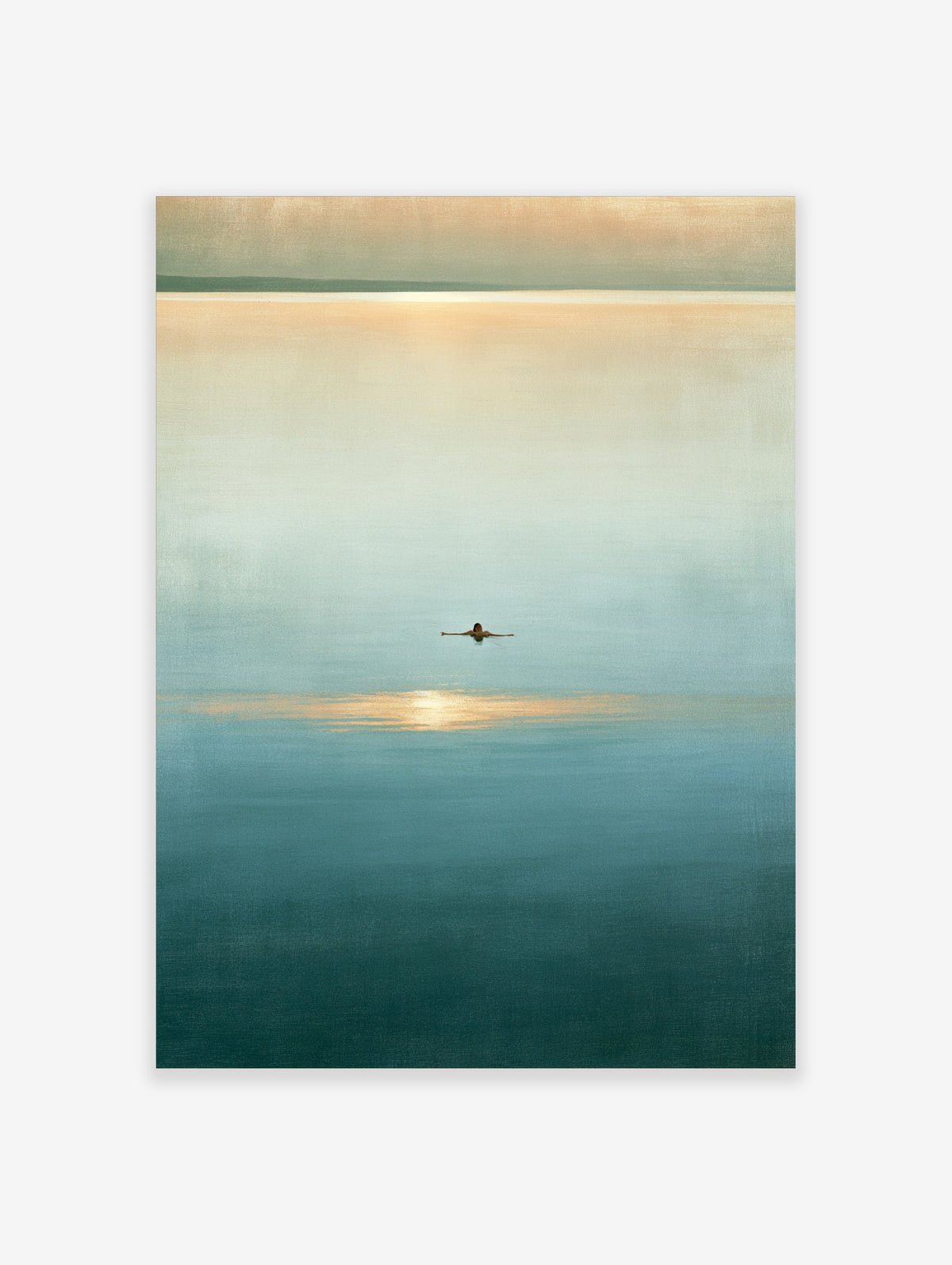 Minimalist swimmer poster with figure floating in calm teal water under peach sky