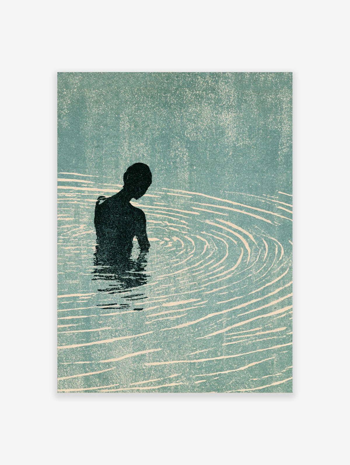 Minimalist swimmer poster with dark silhouette in teal water and cream ripple lines