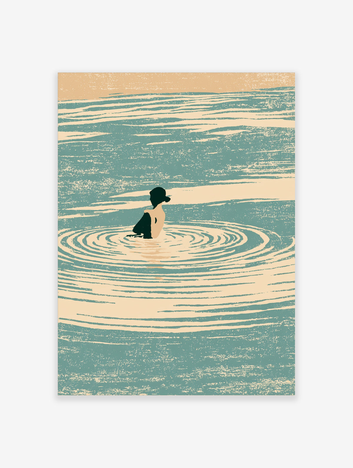 Minimalist swimmer in dark cap sitting in teal water with beige concentric ripples, portrait art print
