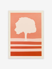 Minimalist tree silhouette art print with horizontal stripes in warm coral and peach tones on a vertical layout