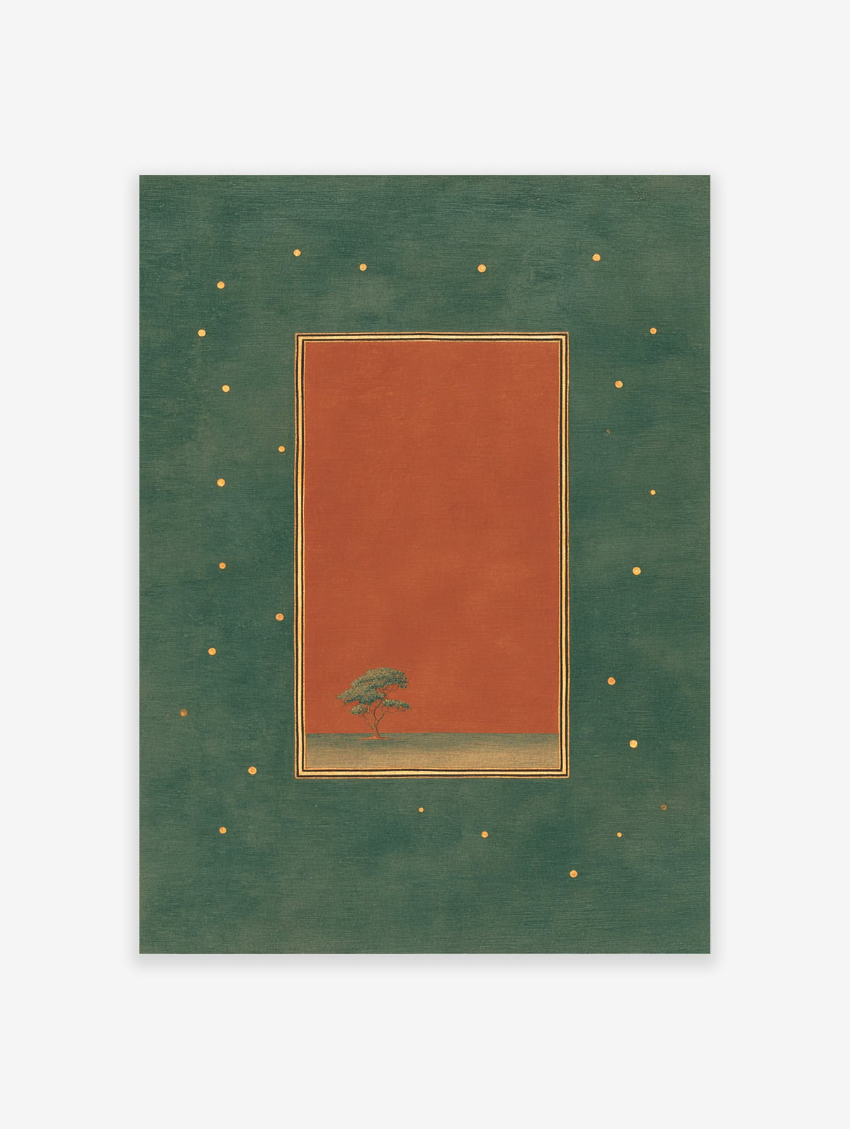 Minimalist tree wall art print with a green tree on terracotta background, framed by a dark green border with gold dots.