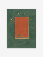 Minimalist tree wall art print with a green tree on terracotta background, framed by a dark green border with gold dots.