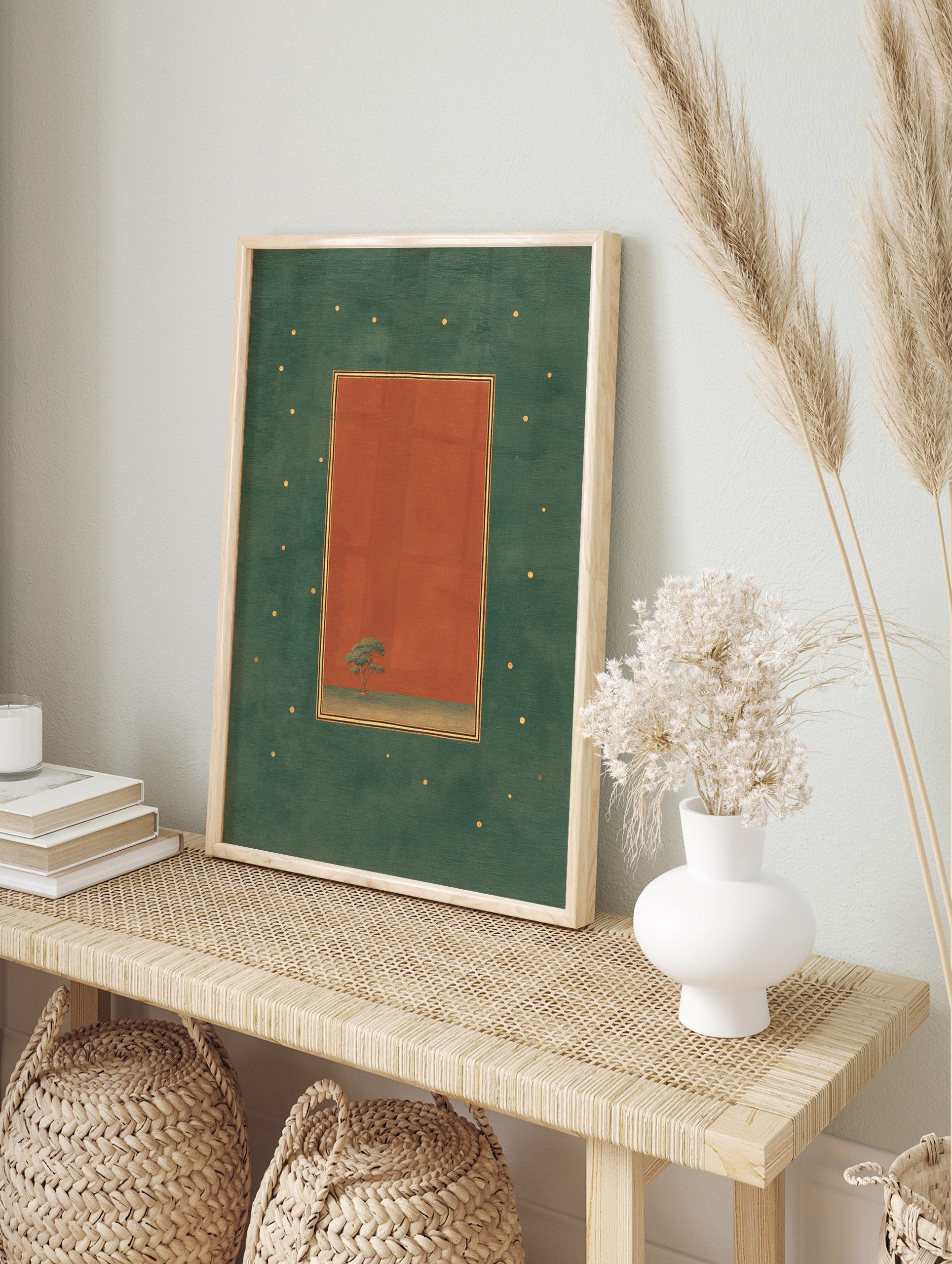 Minimalist tree wall art print with a green tree on terracotta background, framed by a dark green border with gold dots. - Image 3