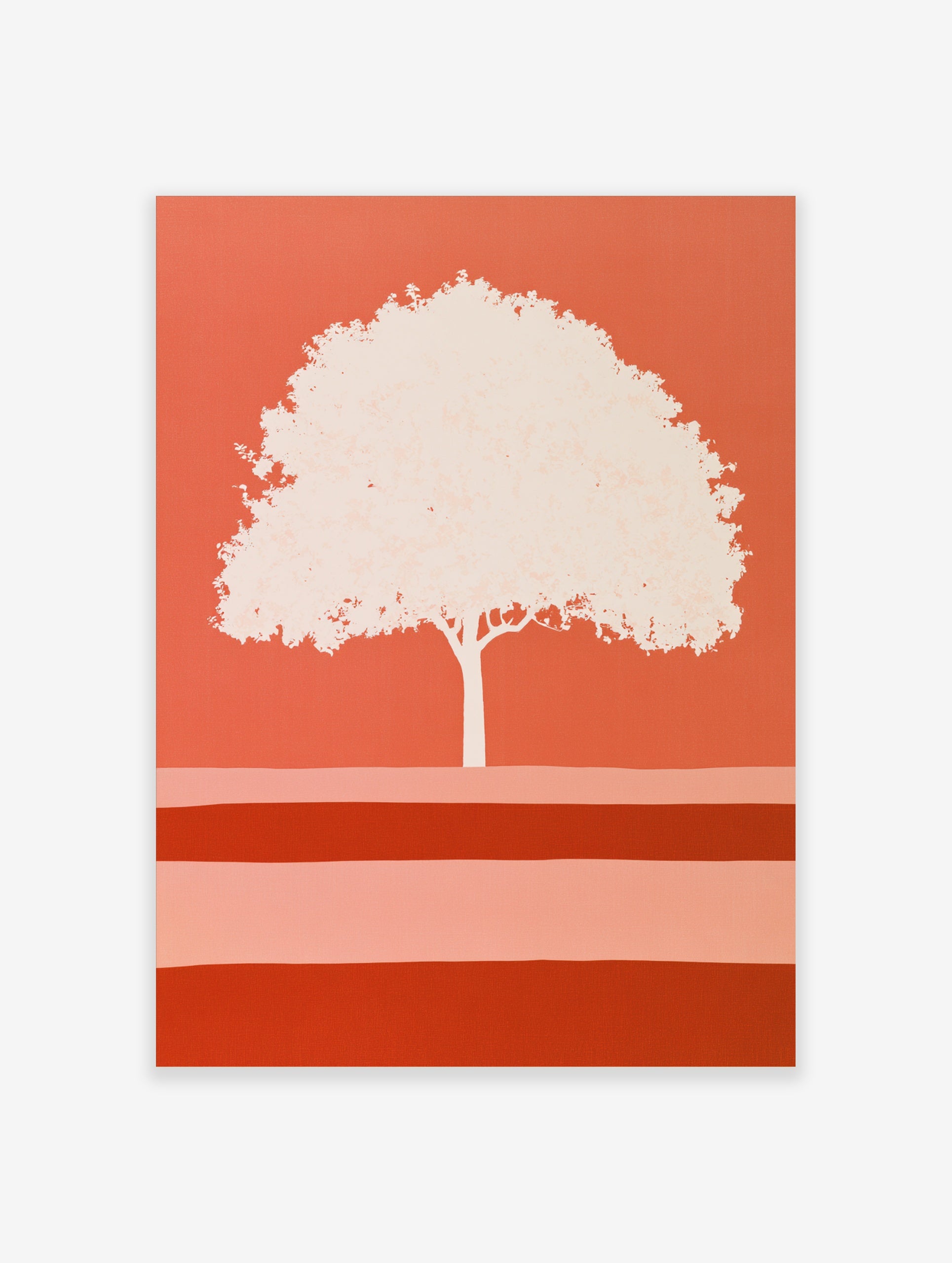 Minimalist tree illustration with a pale canopy on a vibrant orange background, graphic botanical art print