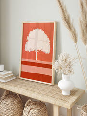 Minimalist tree illustration with a pale canopy on a vibrant orange background, graphic, in an alternate framed mockup