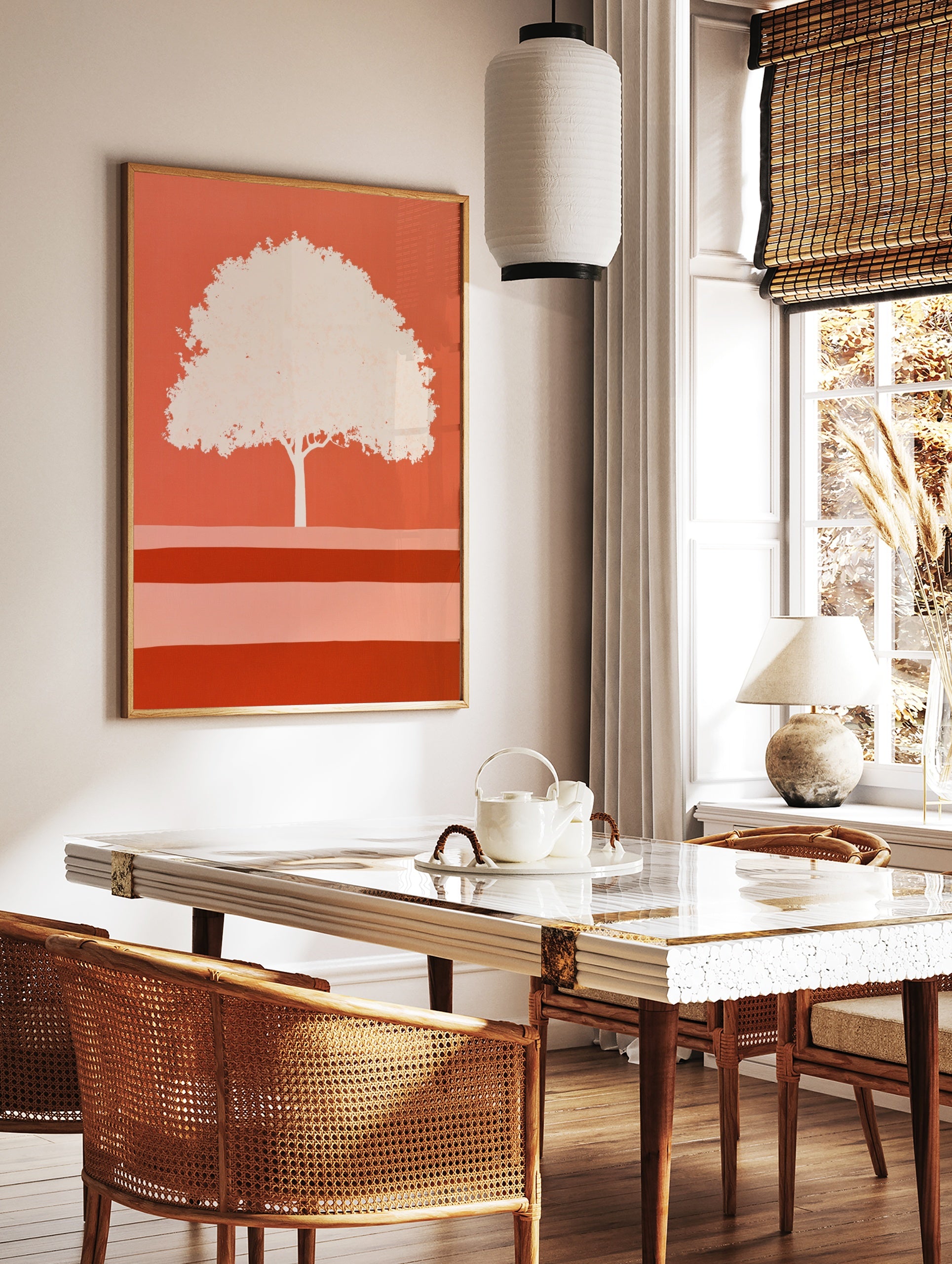 Minimalist tree illustration with a pale canopy on a vibrant orange background, graphic botanical, in a styled room mockup