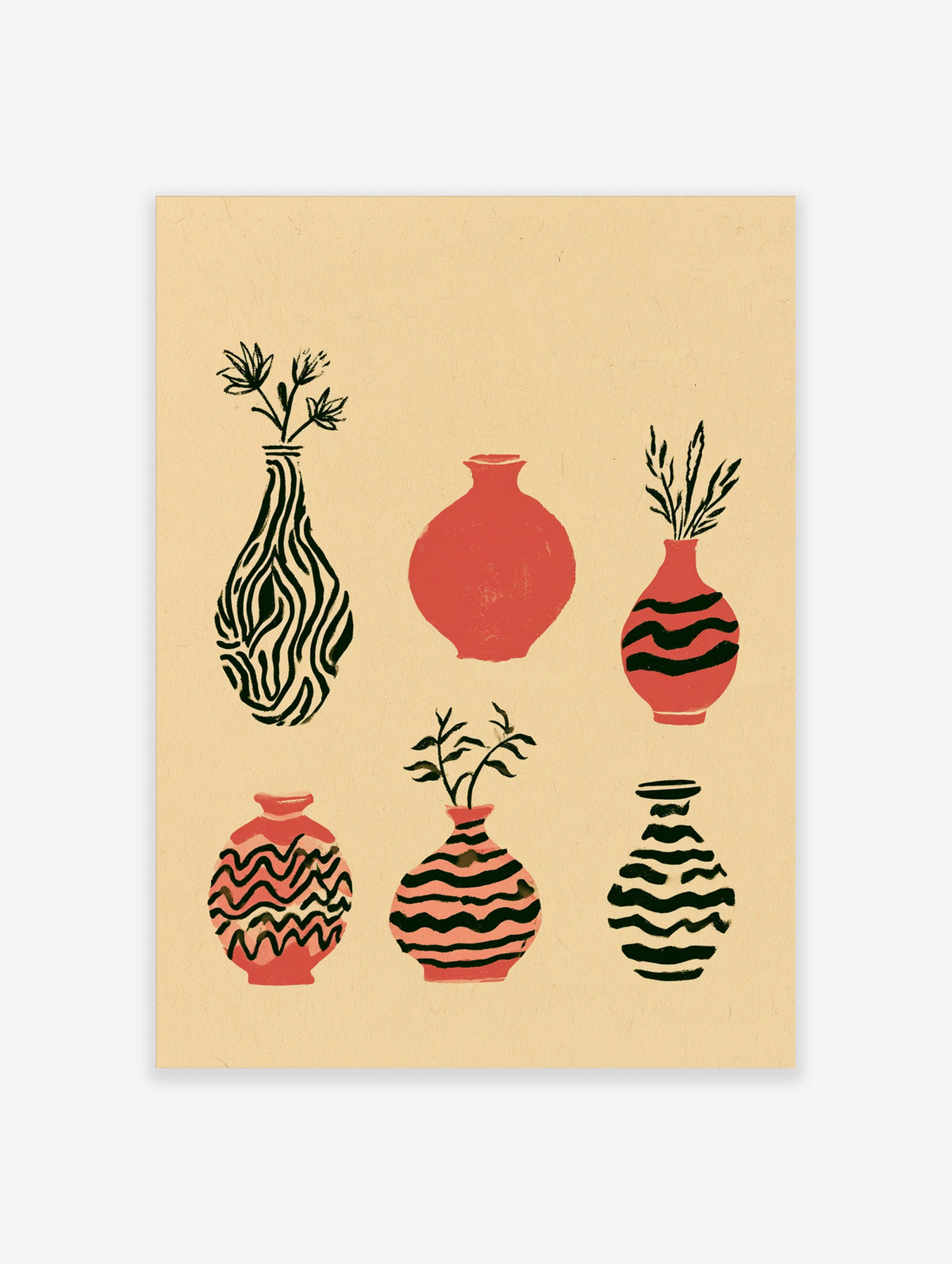 Six illustrative vases with botanical accents and striped patterns in terracotta and black on a beige background