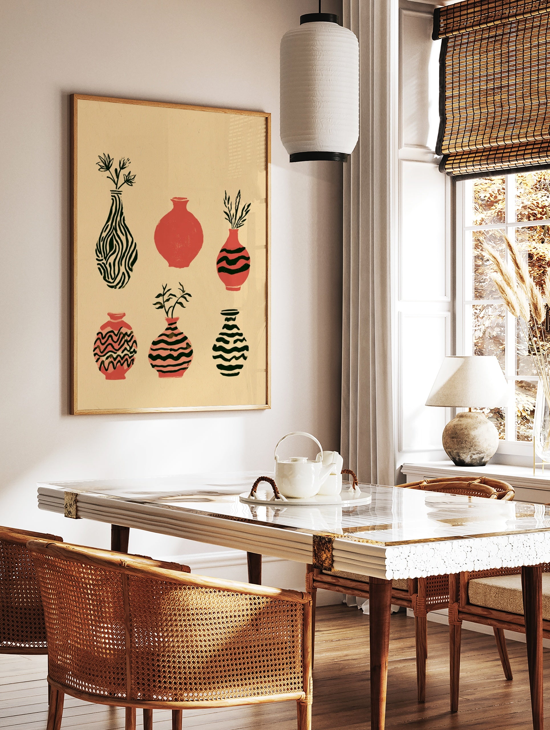 Six illustrative vases with botanical accents and striped patterns in terracotta and black on a, in a styled room mockup
