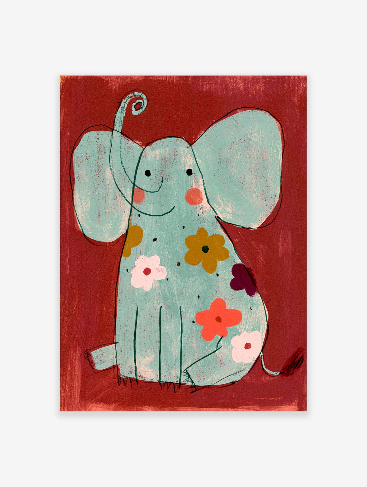 Mint elephant with curled trunk and pink cheeks, decorated with flowers on a red background