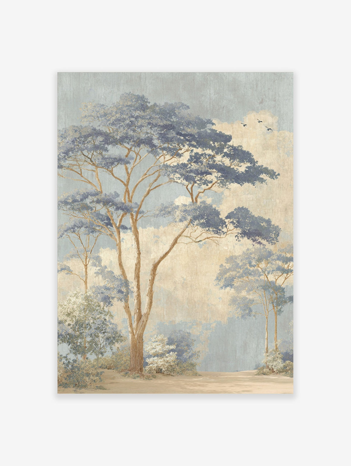 Illustrative misty blue forest landscape art print with tall trees, blue foliage, beige sky, and flying birds
