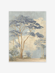 Illustrative misty blue forest landscape art print with tall trees, blue foliage, beige sky, and flying birds