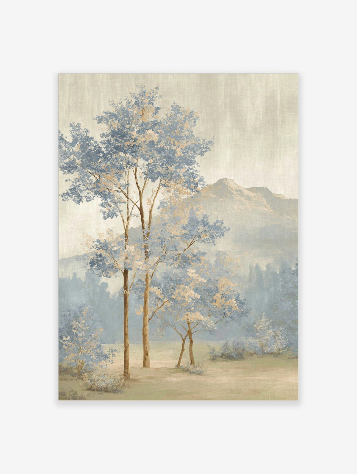Painterly landscape art print with blue and beige trees, misty forest, and distant mountains under a soft sky