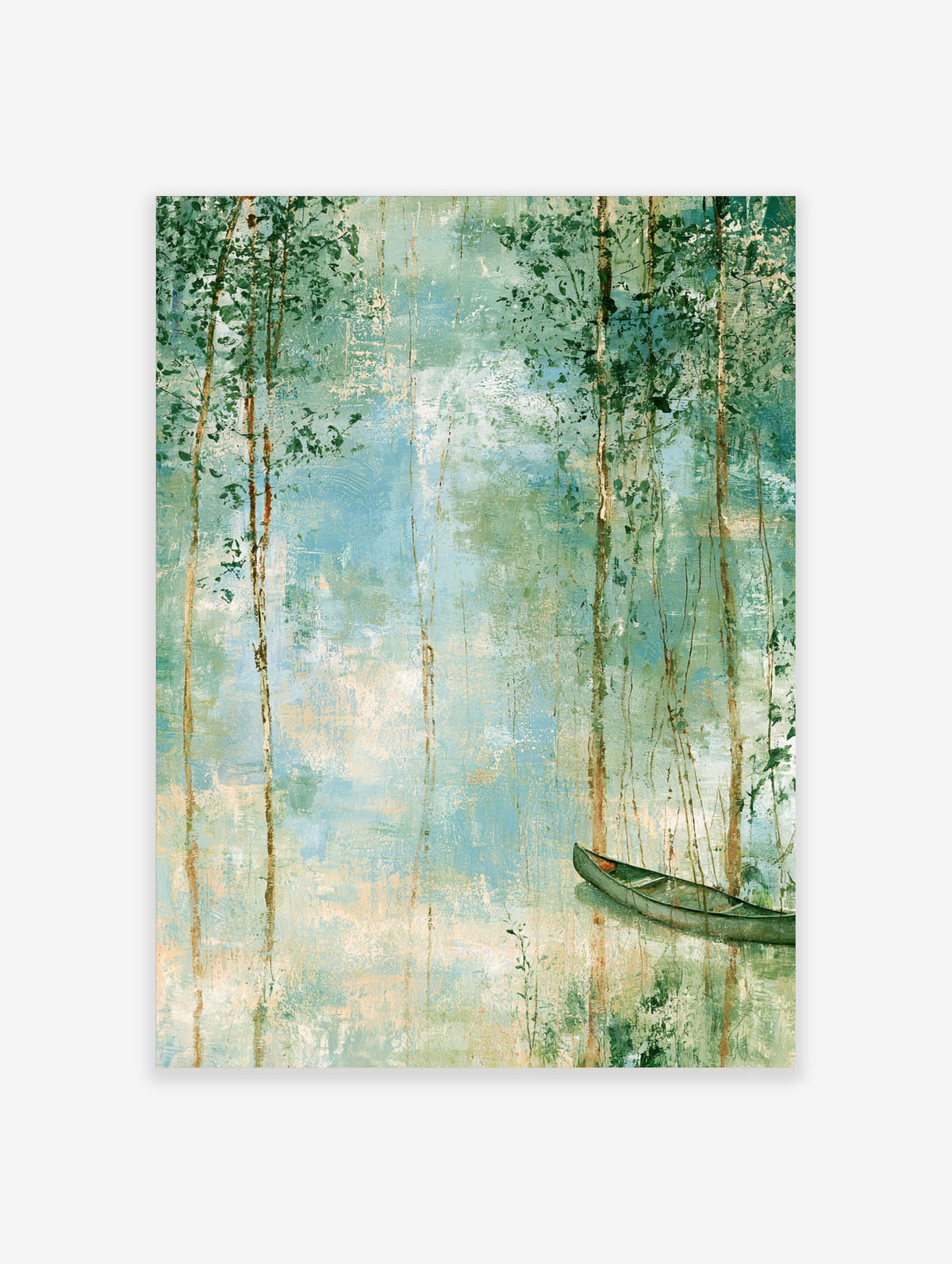 Misty forest lake art print with birch trees and a green canoe on still water