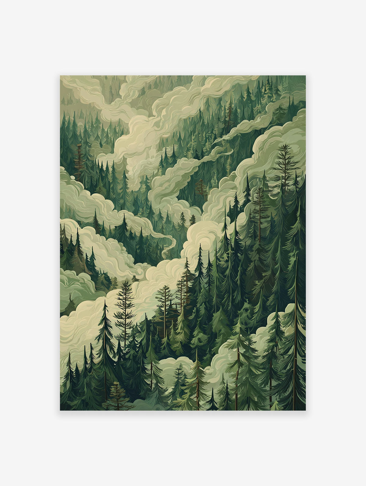 Illustrative Misty Forest poster featuring dense green pine trees and swirling white clouds, creating a serene landscape.