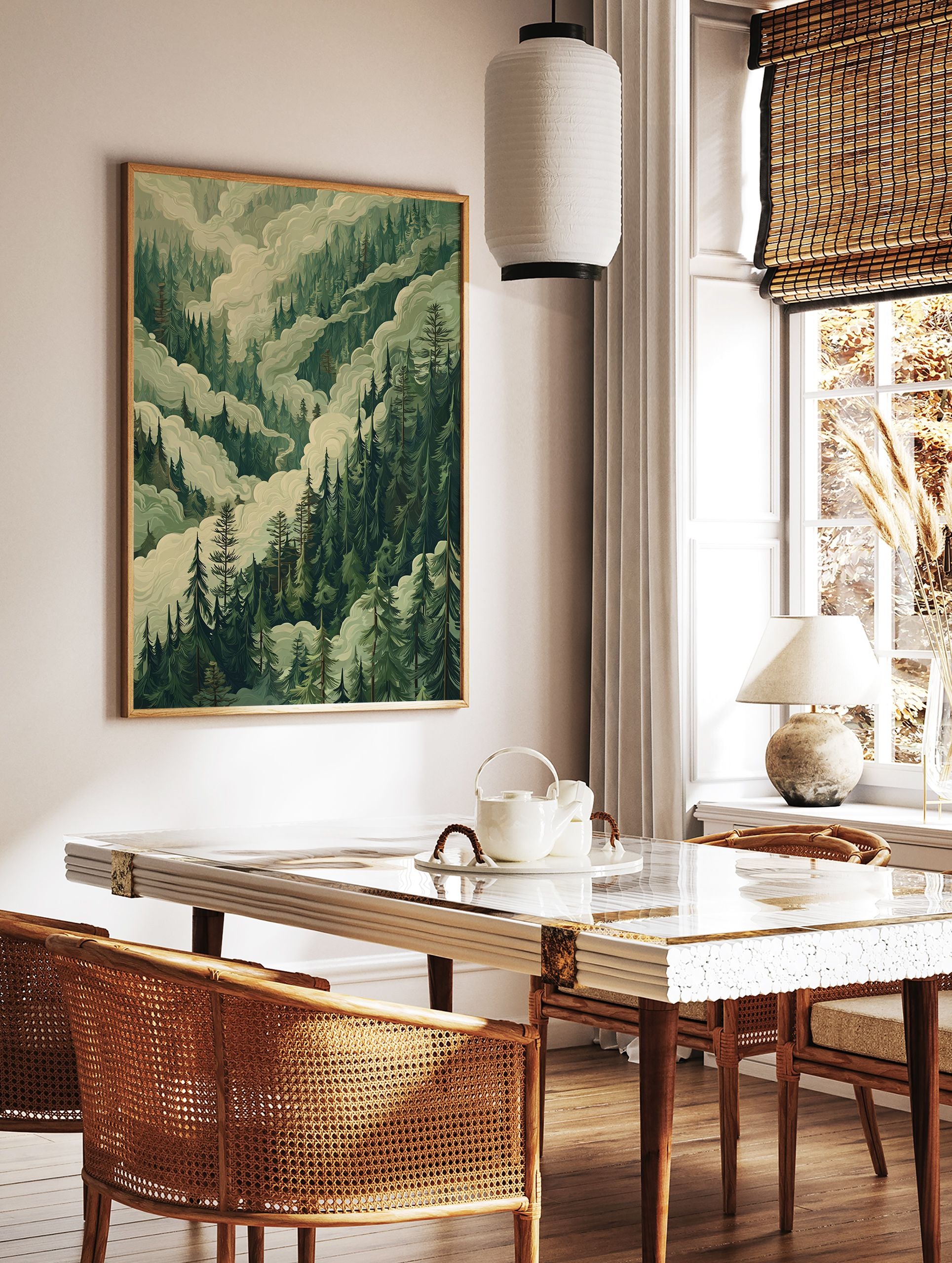 Illustrative Misty Forest poster featuring dense green pine trees and swirling white clouds, creating a serene landscape. - Image 2
