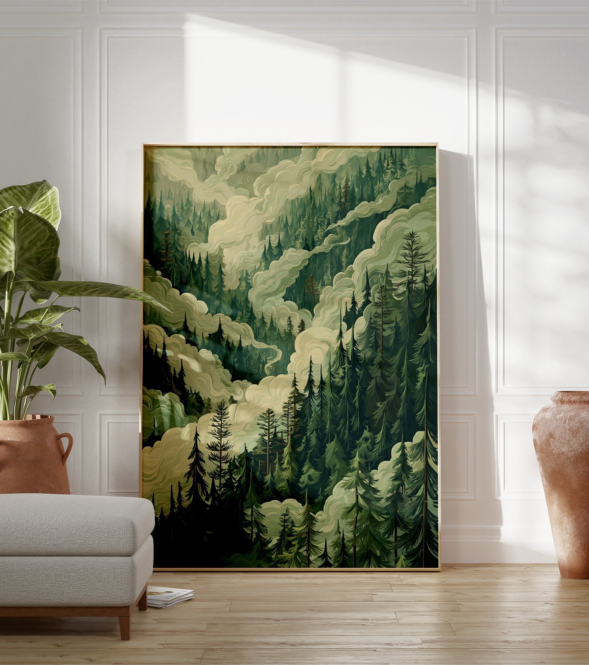 Illustrative Misty Forest poster featuring dense green pine trees and swirling white clouds, creating a serene landscape. - Image 3