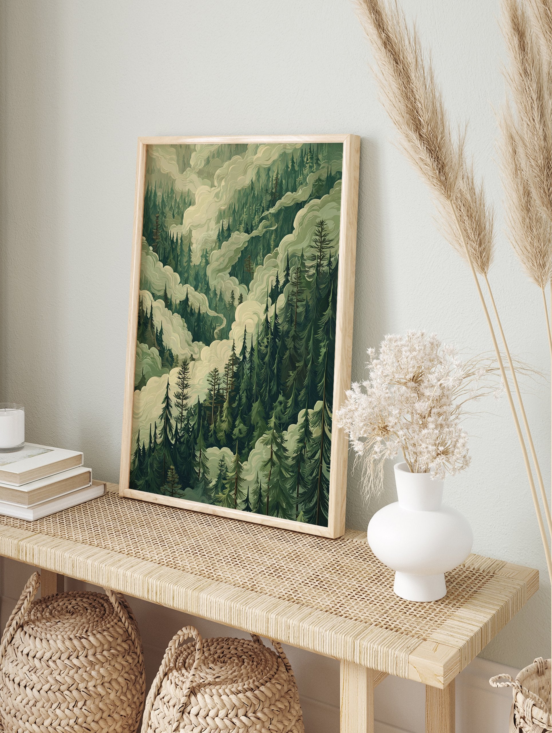 Illustrative Misty Forest poster featuring dense green pine trees and swirling white clouds, creating a serene landscape. - Image 4