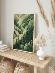 Illustrative Misty Forest poster featuring dense green pine trees and swirling white clouds, creating a serene landscape. - Image 4