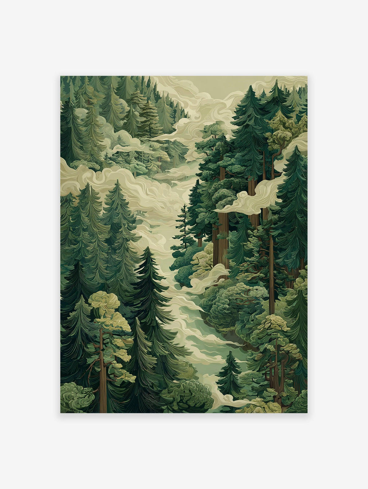 Misty forest poster with tall green pine trees and swirling clouds in a stylized landscape illustration.