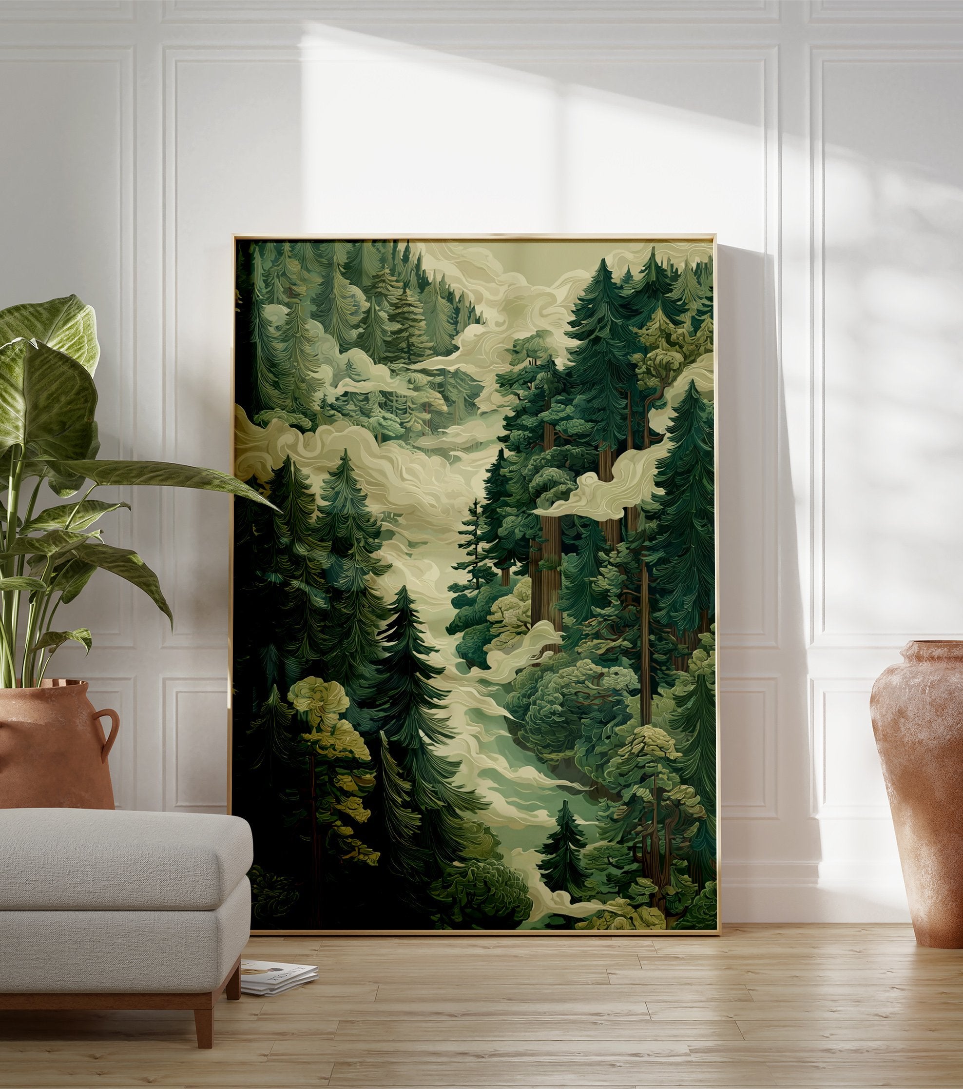 Misty forest poster with tall green pine trees and swirling clouds in a stylized landscape illustration. - Image 3