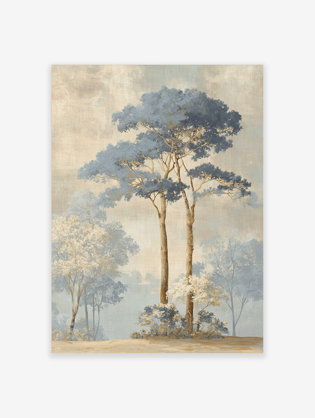 Illustrative misty forest landscape art print with tall blue-leafed trees and white-blossomed bushes