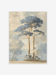 Illustrative misty forest landscape art print with tall blue-leafed trees and white-blossomed bushes