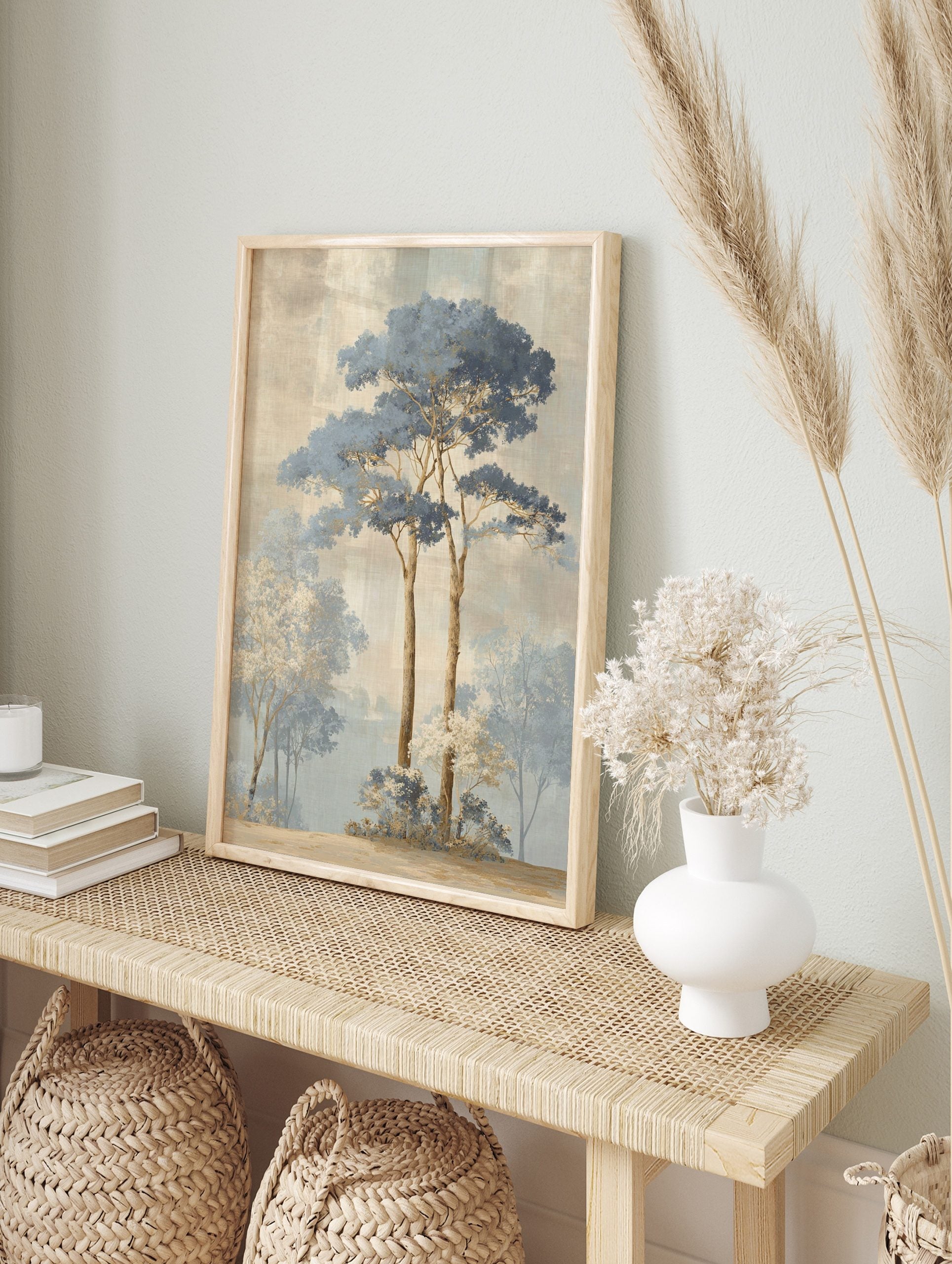 Illustrative misty forest landscape art print with tall blue-leafed trees and white-blossomed, in an alternate framed mockup