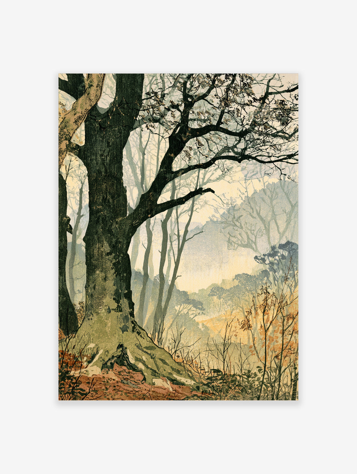 Misty forest art print with dark tree trunk and bare branches in layered woodland haze