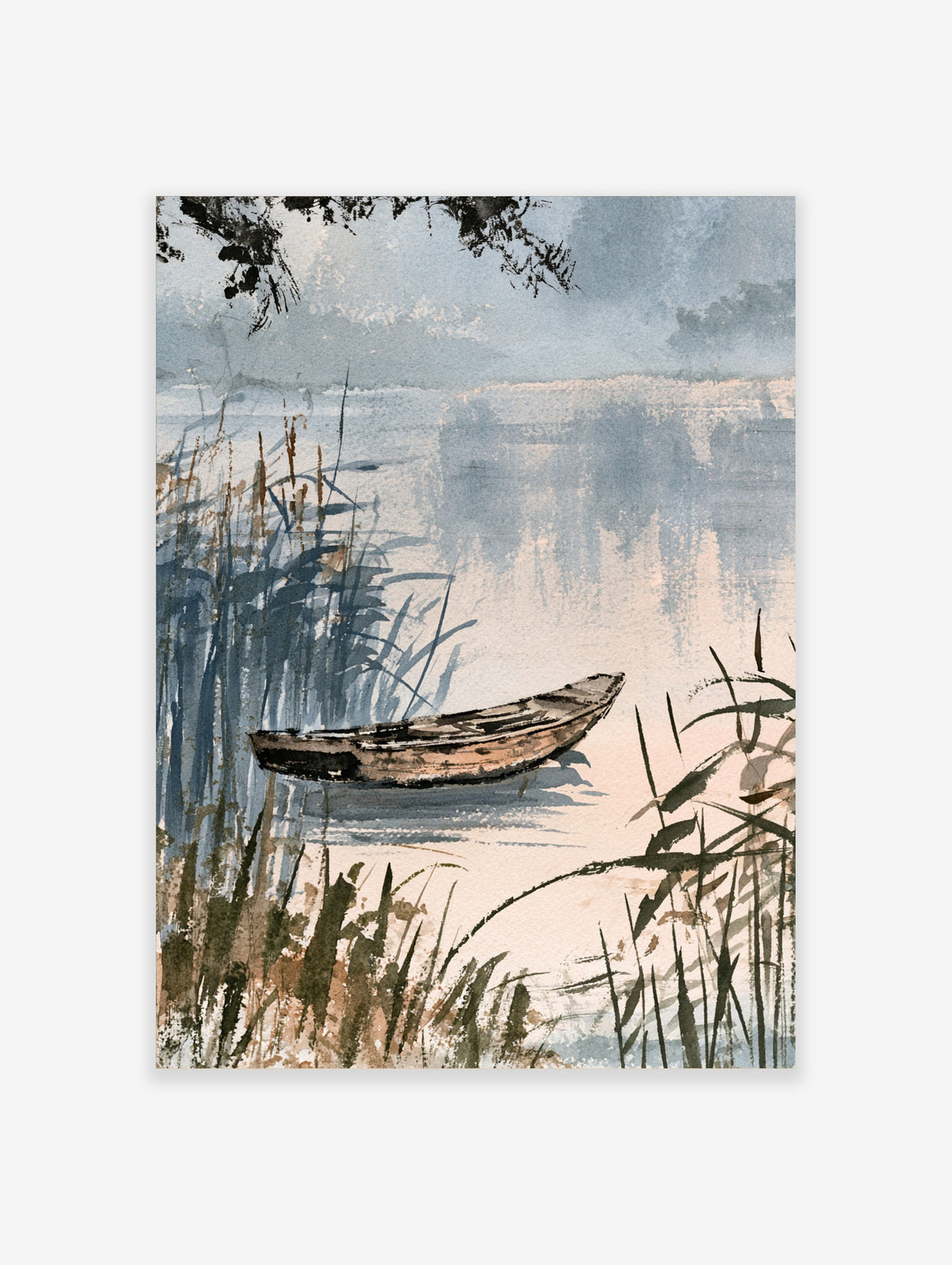 Misty lake boat poster with wooden skiff, reeds, and blue watercolour washes
