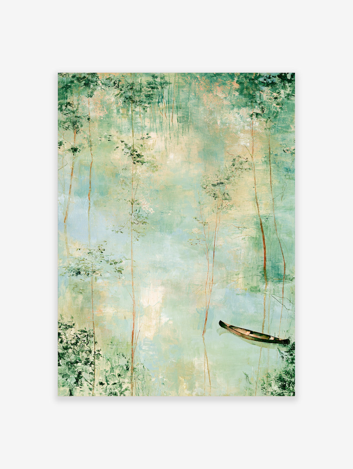 Misty lake art print with lone canoe, tall trees, and green blue cream tones
