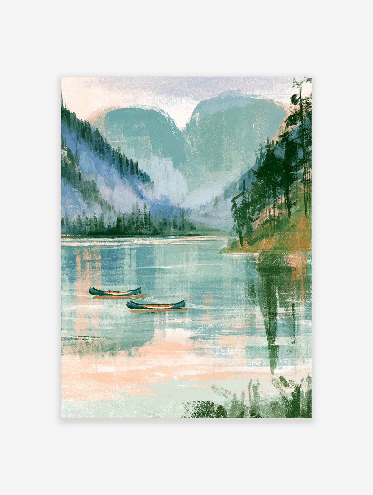 Misty lake landscape art print with two green canoes, pine trees, and soft mountain peaks