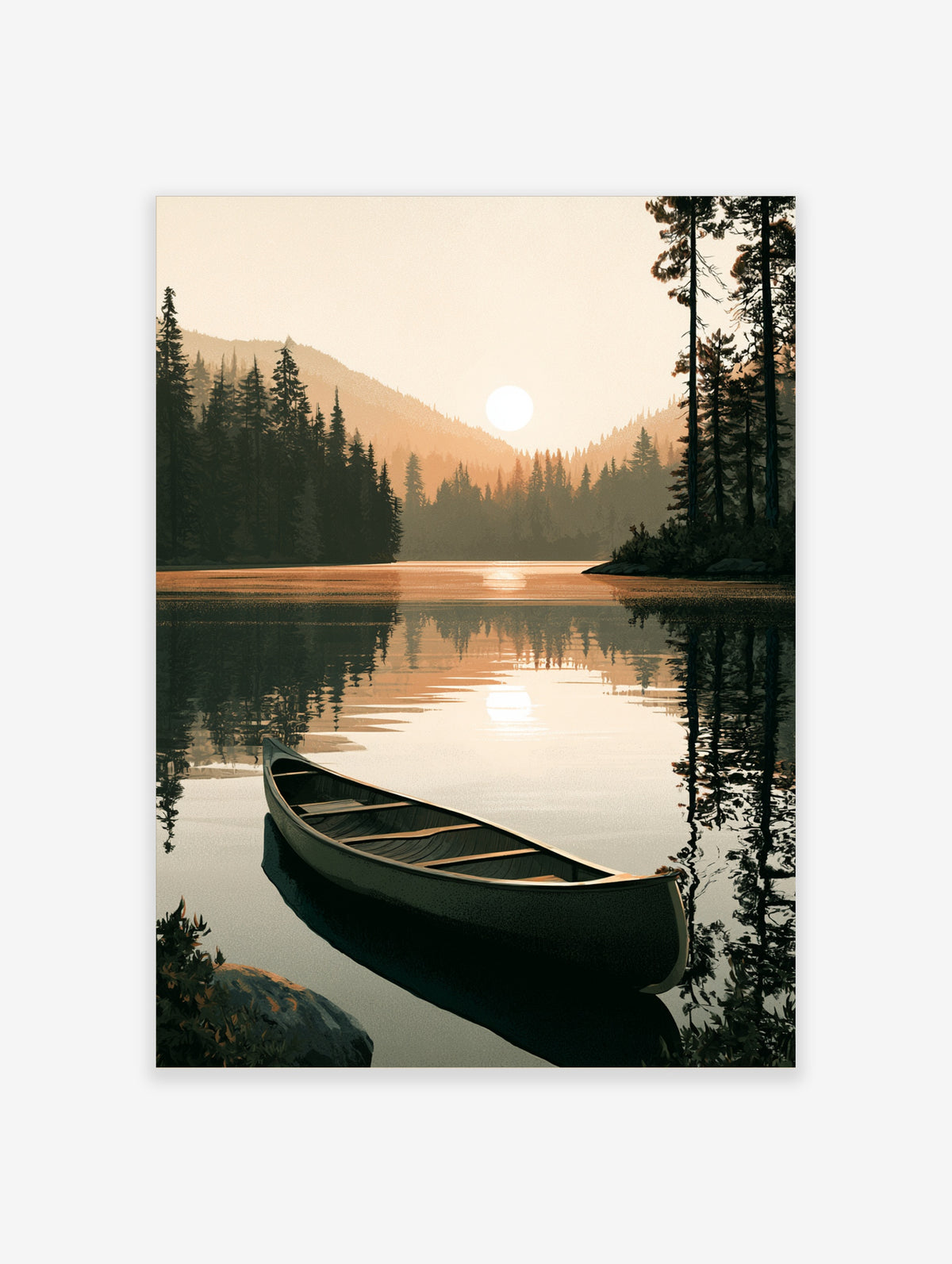 Misty lake canoe wall art print with sunrise over pine trees and calm water reflections