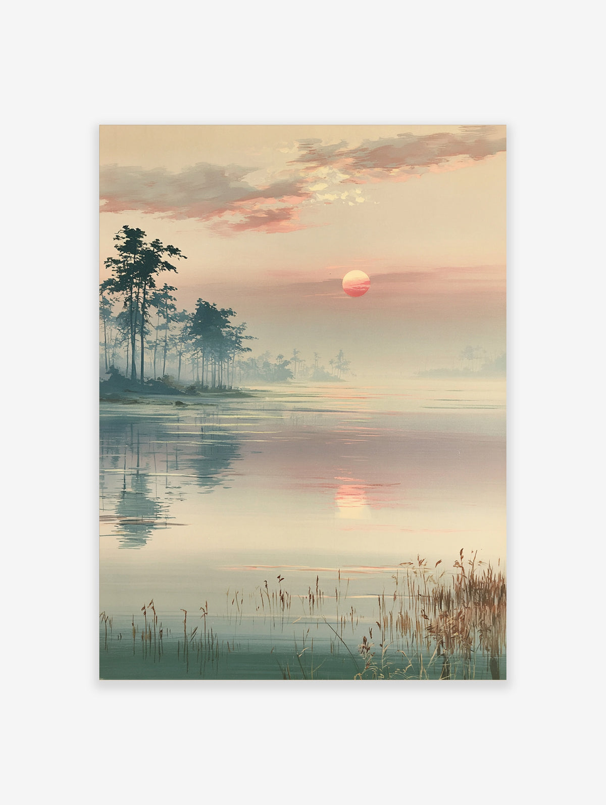 Misty lake sunrise landscape art print with pine trees and pink sun reflection