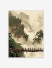 Misty mountain landscape art print with towering cliffs, green pine trees, and a wooden bridge in fog