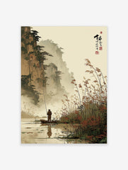 East Asian ink wash landscape print of a fisherman in a boat with misty mountains and reeds