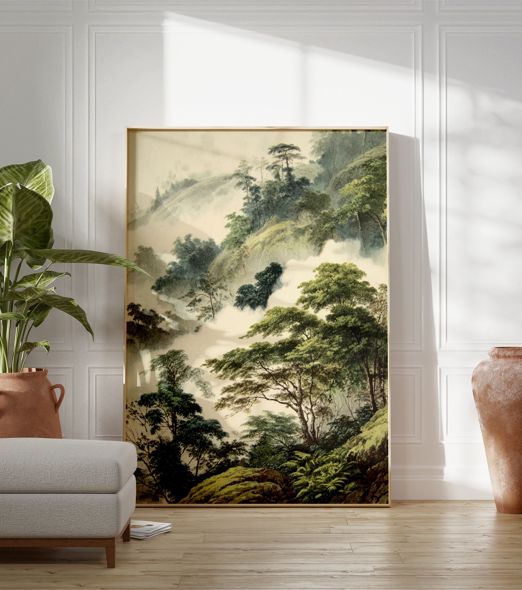 Misty mountain forest poster with lush green trees emerging from soft fog, in an illustrative landscape art style. - Image 3