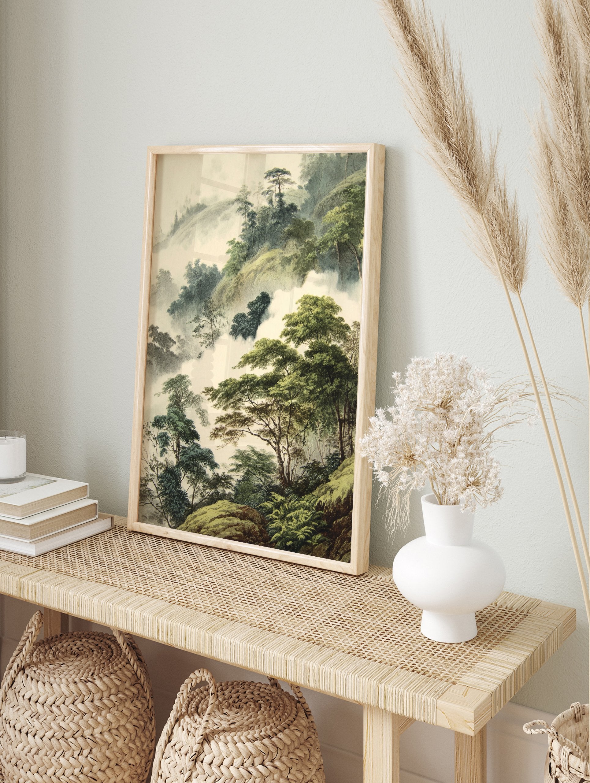 Misty mountain forest poster with lush green trees emerging from soft fog, in an illustrative landscape art style. - Image 4