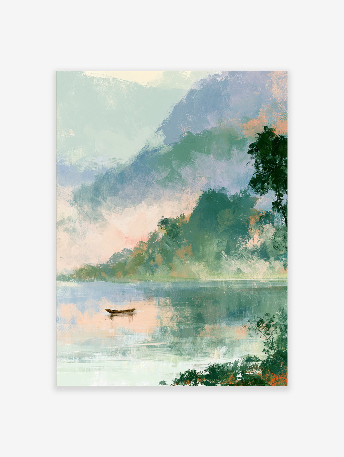 Misty mountain lake art print with a lone wooden boat, green hills, and peach sky